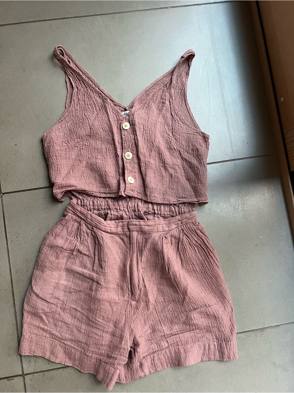esby Mauve Button-Front Linen-Texture Tank & Shorts Set